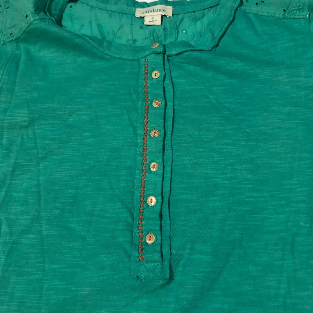 Sundance cotton Henley tshirt blue embroidery pointelle shoulder turquoise sz S - Picture 7 of 13